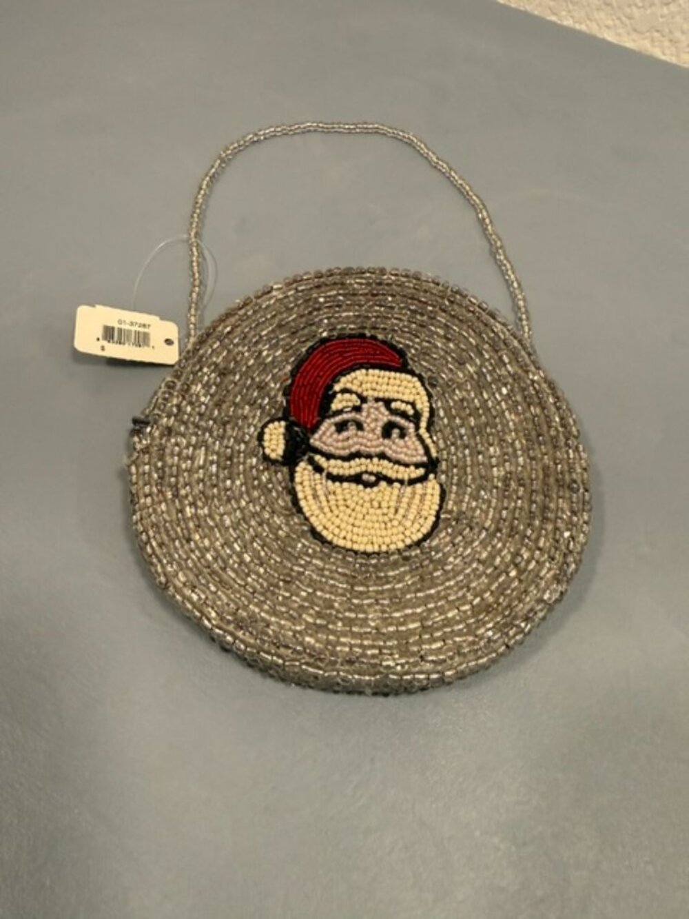 Wayne M Kleski Beaded Santa Claus Purse Silver Round Holiday Evening Bag NWT